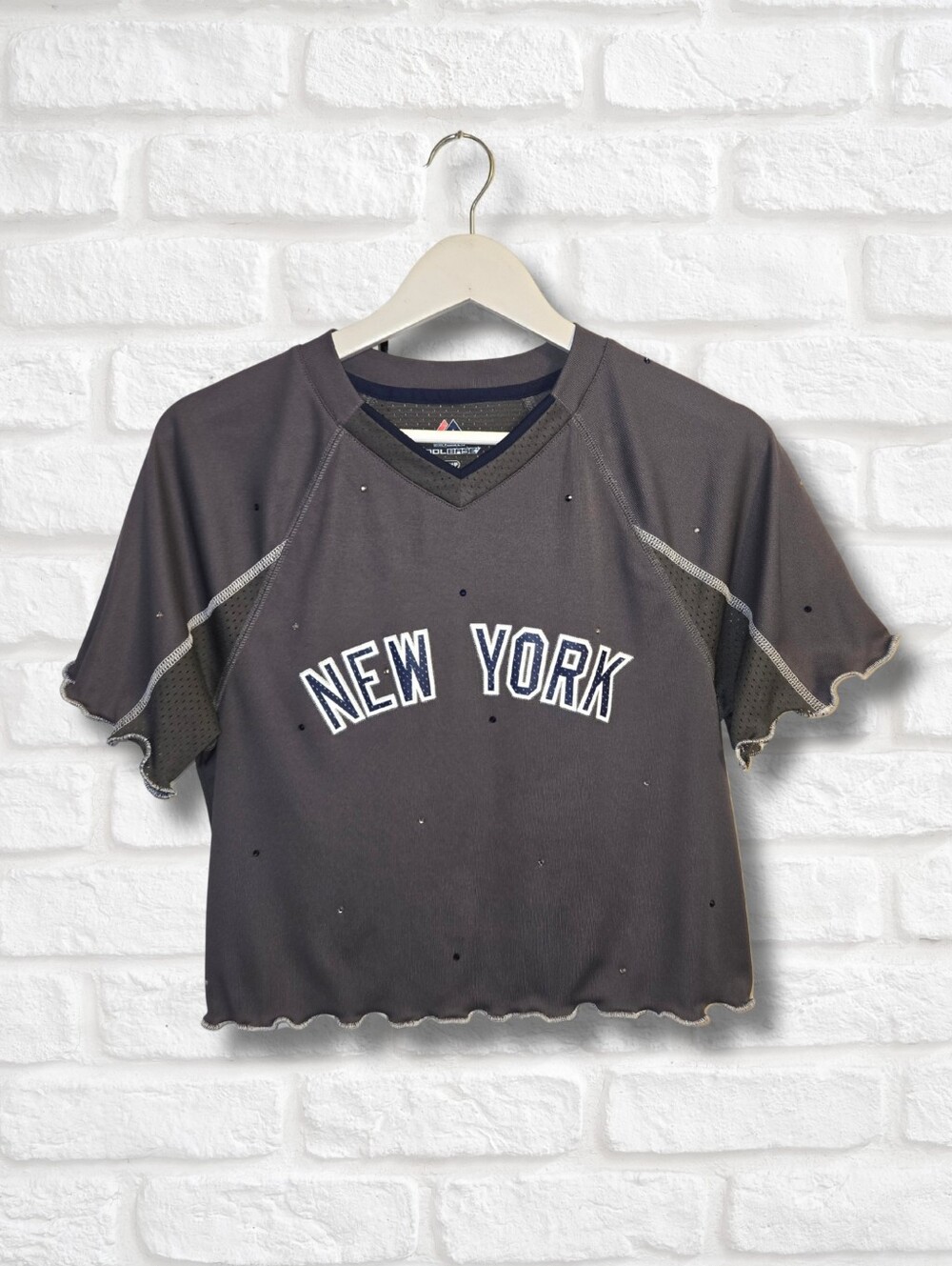 New York Yankees Ruffle Crop Top W/Rhinestones